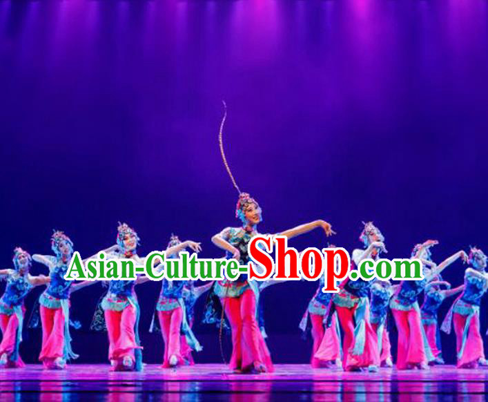 Traditional Chinese Ancient Yangge Fan Dancing Peking Opera Dance Costume, Folk Dance Performance Uniforms, Classic Tang Dynasty Flying Dance Elegant Fairy Dress Drum Palace Dance Clothing for Women