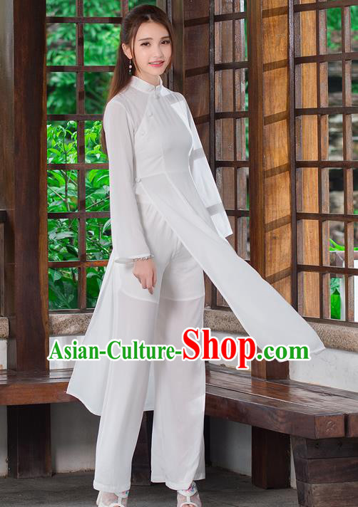 Traditional Ancient Chinese National Costume, Elegant Hanfu Dress and Pants Complete Set, China Tang Suit Mandarin Collar Blouse Cheongsam Upper Outer Garment Clothing for Women