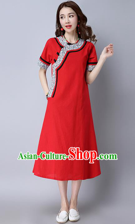 Traditional Ancient Chinese National Costume, Elegant Hanfu Printing Dress, China Tang Suit Mandarin Collar Cheongsam Upper Outer Garment Red Dress Clothing for Women