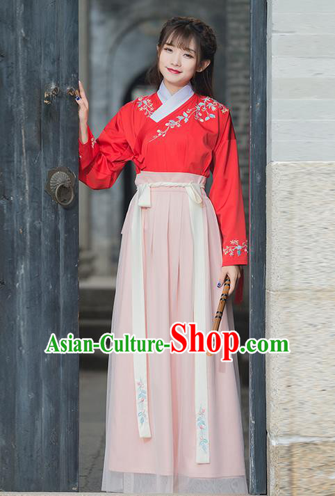 Traditional Ancient Chinese Ancient Costume, Elegant Hanfu Clothing Embroidered Dress, China Ming Dynasty Blouse and Skirt Complete Set for Women