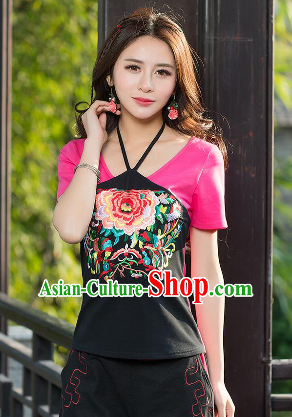 Traditional Ancient Chinese National Costume, Elegant Hanfu Halter T-Shirt, China Tang Suit Round Collar Rose Embroidered Peony Blouse Cheongsam Upper Outer Garment Clothing for Women