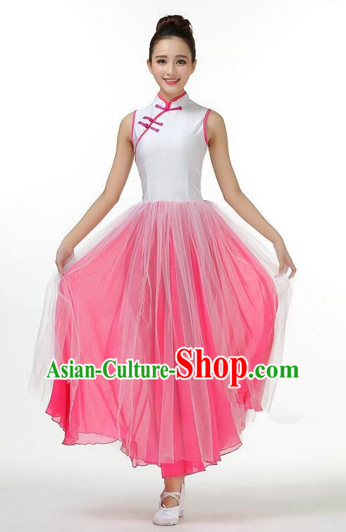 Traditional Modern Dancing Costume, Opening Classic Chorus Singing Group Dance Big Swing Pink Long Cheongsam Dress, Modern Dance Classic Ballet Dance Latin Dance Dress for Women