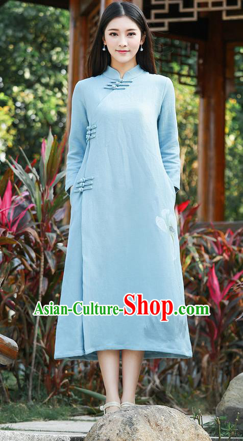 Traditional Ancient Chinese National Costume, Elegant Hanfu Hand Printing Linen Dress, China Tang Suit Cheongsam Upper Outer Garment Blue Elegant Dress Clothing for Women