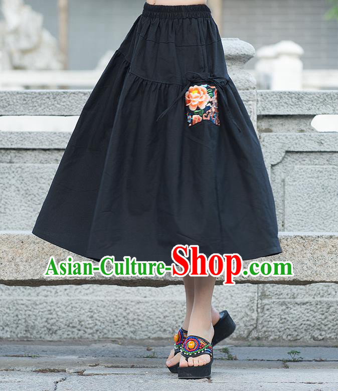 Traditional Ancient Chinese National Pleated Skirt Costume, Elegant Hanfu Embroidered Peony Long Dress, China Tang Suit Cotton Black Bust Skirt for Women