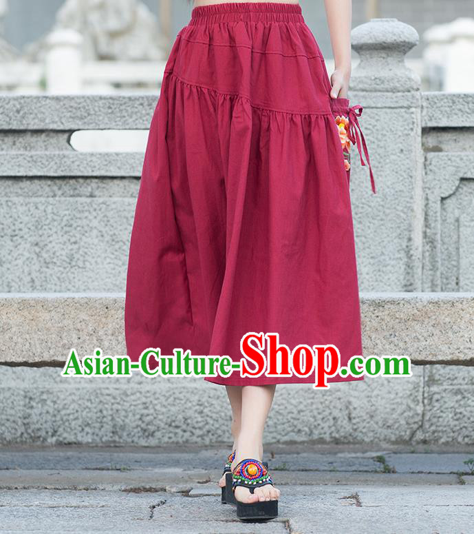 Traditional Ancient Chinese National Pleated Skirt Costume, Elegant Hanfu Embroidered Peony Long Dress, China Tang Suit Cotton Red Bust Skirt for Women