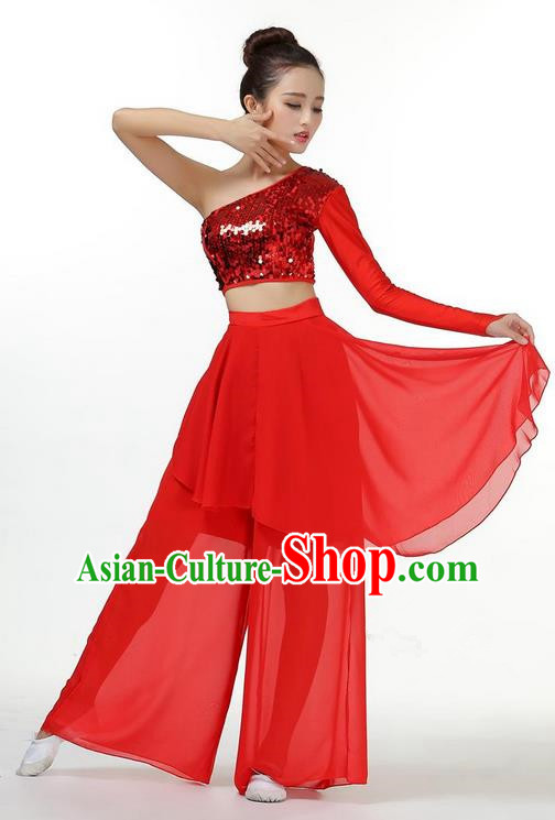 Traditional Chinese Yangge Fan Dancing Costume, Folk Dance Yangko Dress and Pants Paillette Single Shoulder Uniforms, Classic Umbrella Lotus Dance Elegant Dress Drum Dance Red Clothing for Women