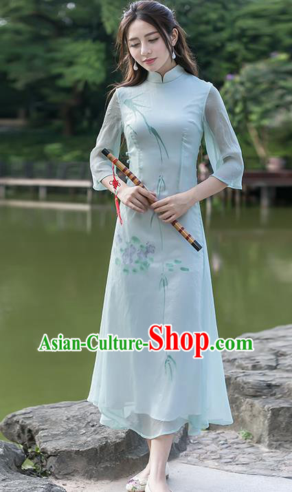 Traditional Ancient Chinese National Costume, Elegant Hanfu Hand Printing Brocade Dress, China Tang Suit Cheongsam Upper Outer Garment Blue Elegant Dress Clothing for Women