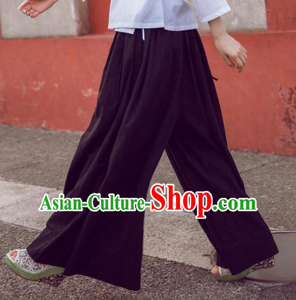 Traditional Ancient Chinese National Costume Loose Pants, Elegant Hanfu Pants, China Tang Suit Linen Black Wide Leg Pants for Women