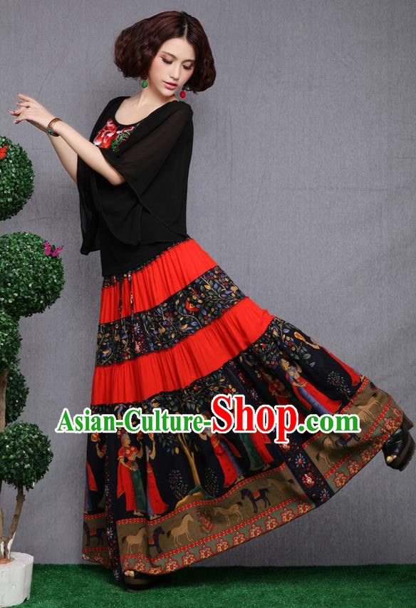 Traditional Ancient Chinese National Pleated Skirt Costume, Elegant Hanfu Printing Pleated Long Dress, China National Minority Tang Suit Cotton Orange Bust Skirt for Women