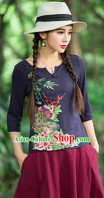 Traditional Ancient Chinese National Costume, Elegant Hanfu Embroidered Peacock Peony Shirt, China National Minority Tang Suit Navy Blouse Cheongsam Upper Outer Garment Clothing for Women