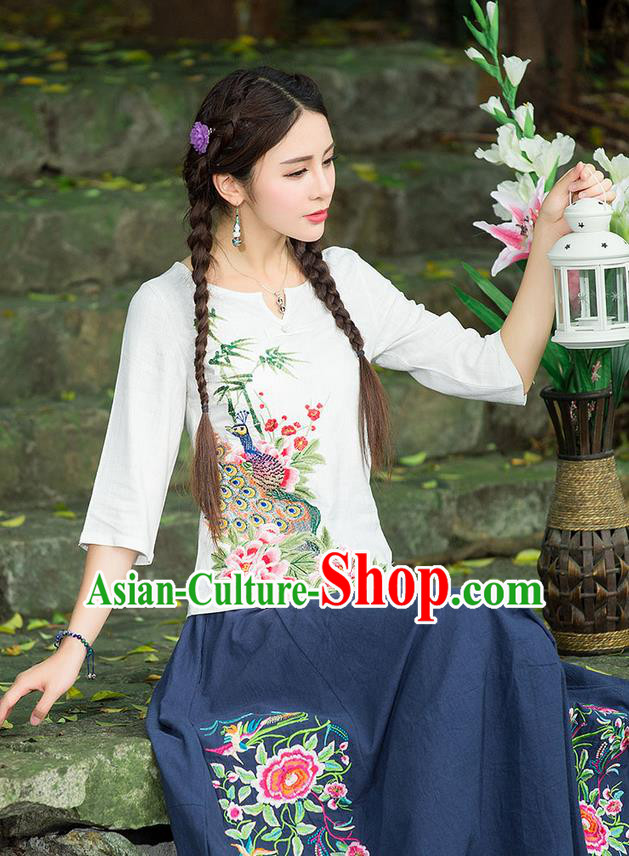 Traditional Ancient Chinese National Costume, Elegant Hanfu Embroidered Peacock Peony Shirt, China National Minority Tang Suit White Blouse Cheongsam Upper Outer Garment Clothing for Women