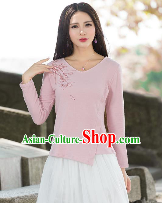 Traditional Ancient Chinese National Costume, Elegant Hanfu T-Shirt, China Tang Suit Round Collar Pink Base Blouse Cheongsam Upper Outer Garment Clothing for Women