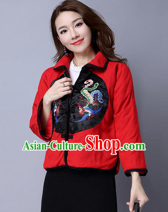 Traditional Ancient Chinese National Costume, Elegant Hanfu Coat, China Tang Suit Stand Collar Cotton-Padded Coat, Upper Outer Garment Embroidered Phoenix Red Jacket Clothing for Women