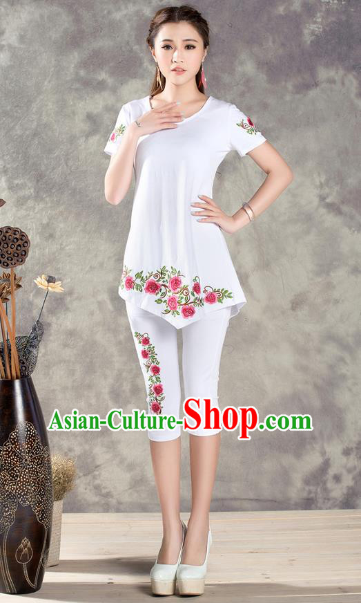 Traditional Ancient Chinese National Costume, Elegant Hanfu Embroidered T-Shirt and Pants, China Tang Suit Embroidered White Blouse Cheongsam Upper Outer Garment Clothing for Women
