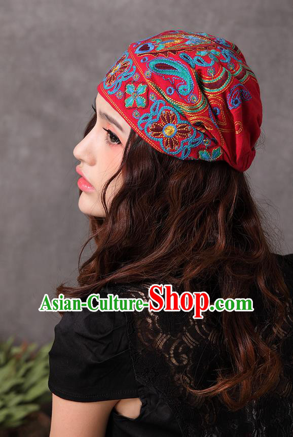 Traditional Chinese National Embroidered Crafts Headgear, China National Minority Handmade Embroidered Red Hat for Women