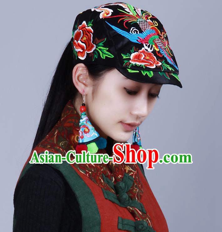 Traditional Chinese National Embroidered Phoenix Crafts Headgear, China National Minority Handmade Embroidered Black Cap for Women