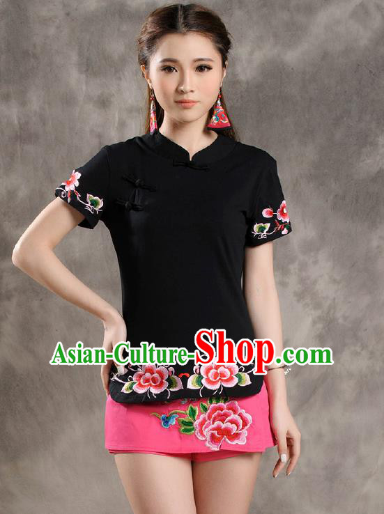 Traditional Ancient Chinese National Costume, Elegant Hanfu Shirt, China Tang Suit Embroidered Black Blouse Cheongsam Upper Outer Garment Clothing for Women