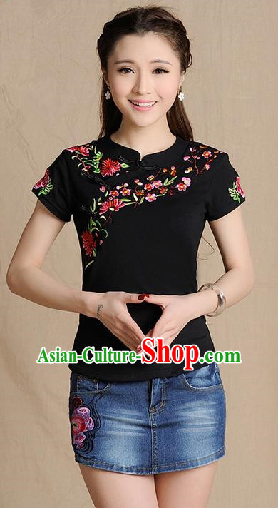 Traditional Ancient Chinese National Costume, Elegant Hanfu Shirt, China Tang Suit Embroidered Peach Blossom Black Blouse Cheongsam Upper Outer Garment Clothing for Women