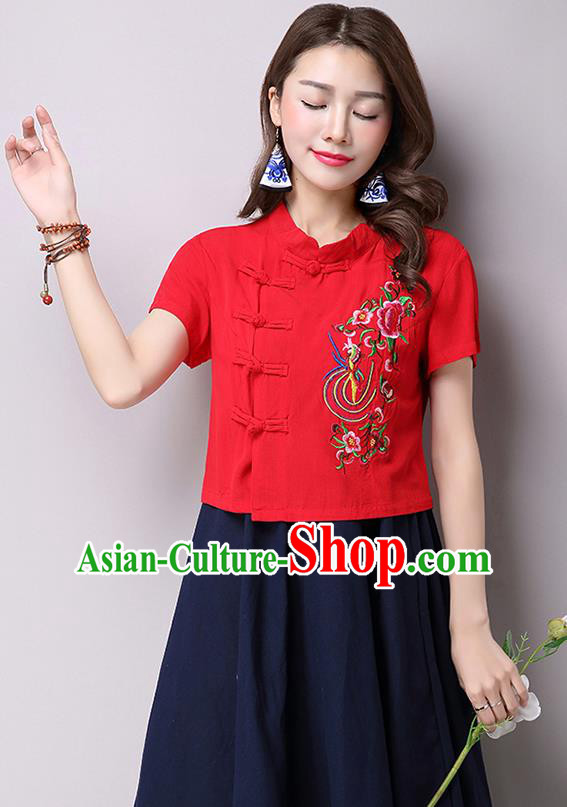 Traditional Ancient Chinese National Costume, Elegant Hanfu Shirt, China Tang Suit Red Embroidered Stand Collar Blouse Cheongsam Upper Outer Garment Shirt Clothing for Women