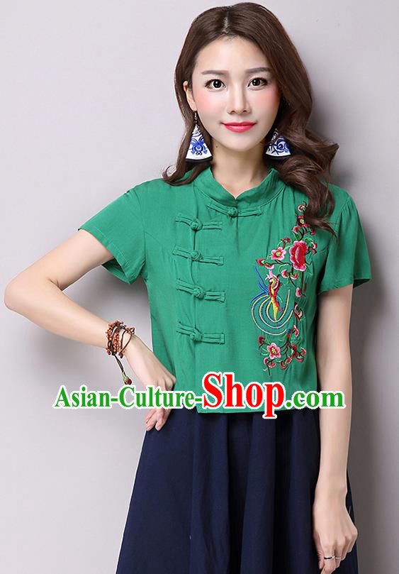 Traditional Ancient Chinese National Costume, Elegant Hanfu Shirt, China Tang Suit Green Embroidered Stand Collar Blouse Cheongsam Upper Outer Garment Shirt Clothing for Women