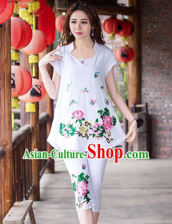Traditional Ancient Chinese National Costume, Elegant Hanfu Embroidered T-Shirt and Pants, China Tang Suit Embroidered Butterfly White Blouse Cheongsam Upper Outer Garment Clothing for Women