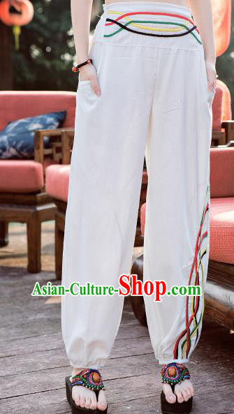 Traditional Ancient Chinese National Costume Plus Fours, Elegant Hanfu Embroidered Pants, China Tang Suit Cotton Bloomers White Trousers for Women