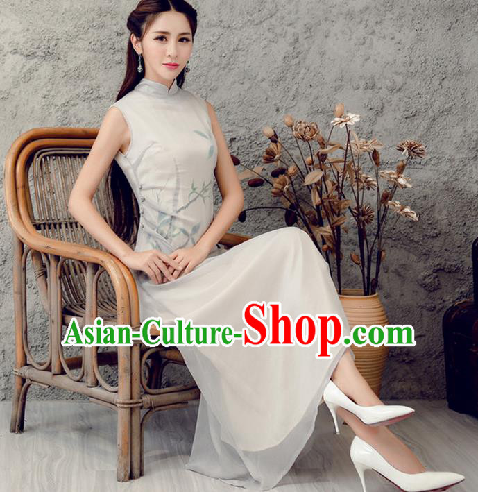 Traditional Ancient Chinese National Costume, Elegant Hanfu Hand Printing Silk Dress, China Tang Suit Cheongsam Upper Outer Garment Qipao Elegant Dress Clothing for Women