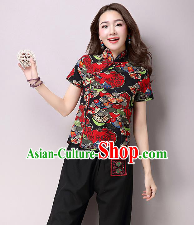 Traditional Ancient Chinese National Costume, Elegant Hanfu Plated Buttons Short Sleeve Shirt, China Tang Suit Embroidered Blue Blouse Cheongsam Upper Outer Garment Shirts Clothing for Women