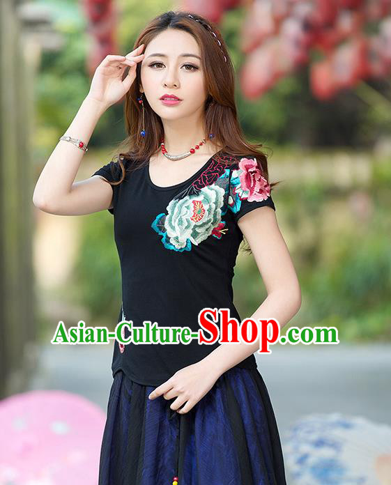 Traditional Ancient Chinese National Costume, Elegant Hanfu Round Collar T-Shirt, China Tang Suit Embroidered Peony Black Blouse Cheongsam Upper Outer Garment Shirts Clothing for Women