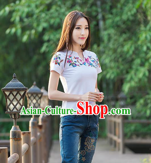 Traditional Ancient Chinese National Costume, Elegant Hanfu Short Sleeve T-Shirt, China Tang Suit Embroidered White Blouse Cheongsam Upper Outer Garment Shirts Clothing for Women