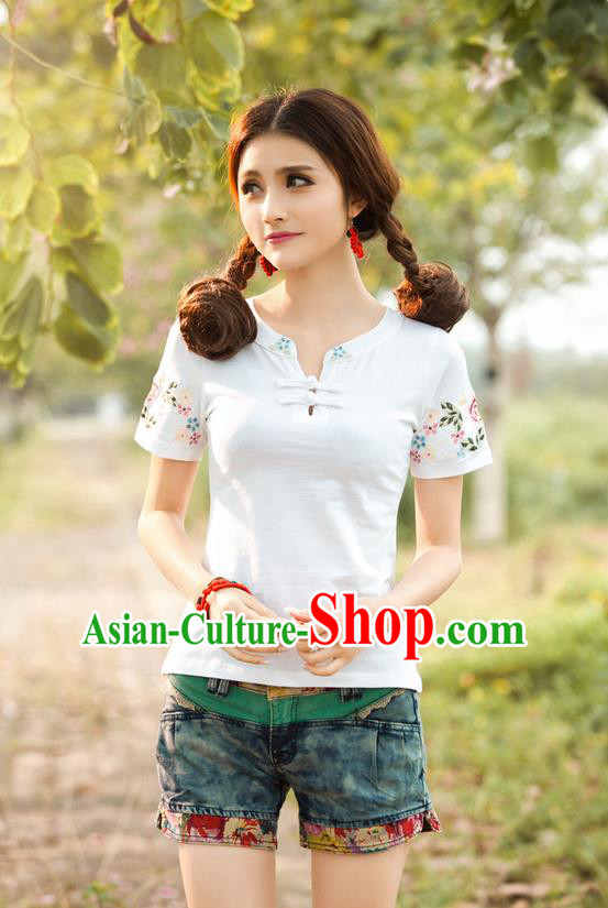 Traditional Ancient Chinese National Costume, Elegant Hanfu Short Sleeve Round Collar T-Shirt, China Tang Suit Embroidered White Blouse Cheongsam Upper Outer Garment Shirts Clothing for Women