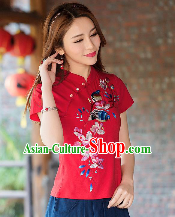 Traditional Ancient Chinese National Costume, Elegant Hanfu Stand Collar T-Shirt, China Tang Suit Embroidered Peach Blossom Red Blouse Cheongsam Upper Outer Garment Shirts Clothing for Women