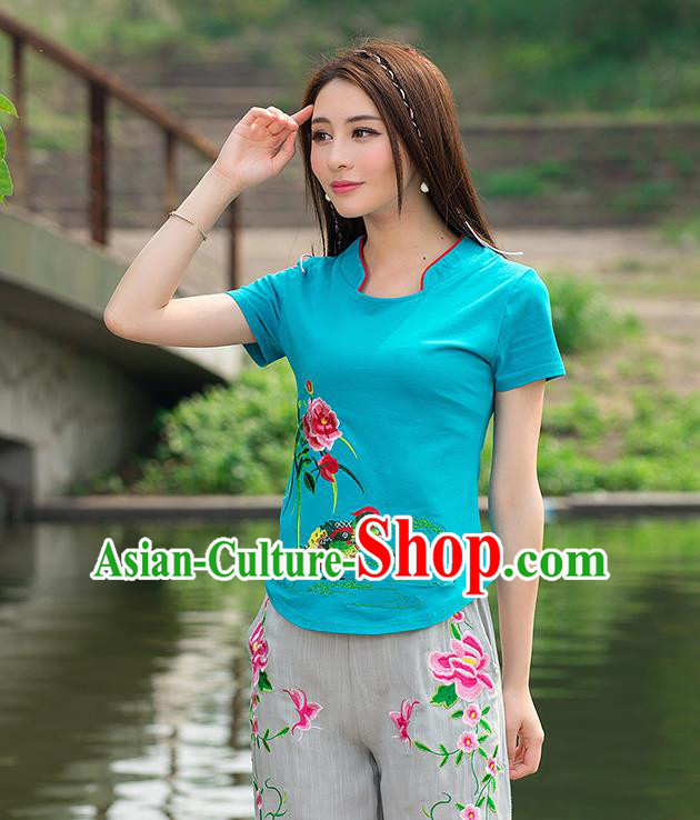 Traditional Ancient Chinese National Costume, Elegant Hanfu Round Collar T-Shirt, China Tang Suit Embroidered Mandarin Duck Peony Blue Blouse Cheongsam Upper Outer Garment Shirts Clothing for Women