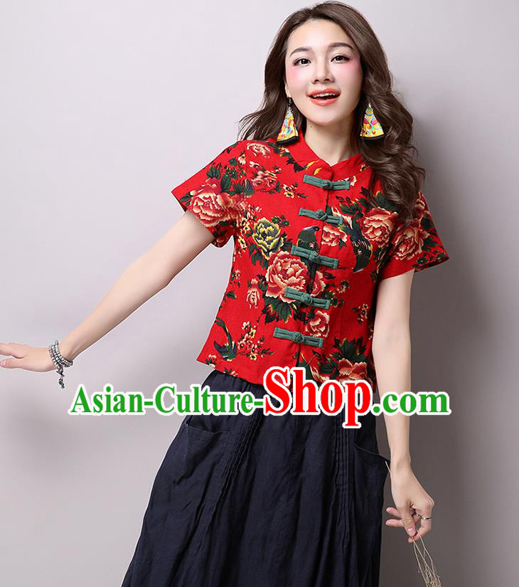 Traditional Ancient Chinese National Costume, Elegant Hanfu Plated Buttons Shirt, China Tang Suit Red Blouse Cheongsam Upper Outer Garment Shirts Clothing for Women