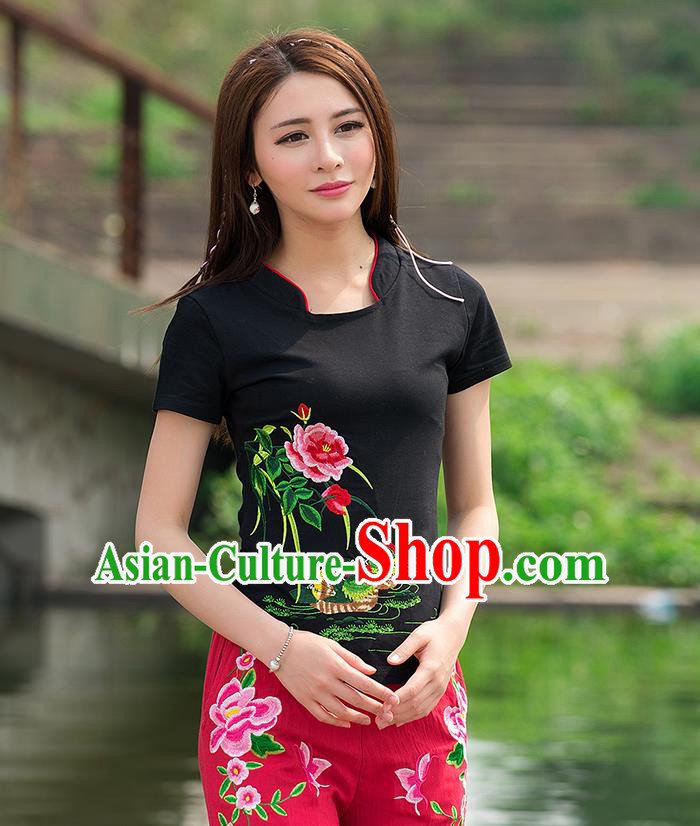 Traditional Ancient Chinese National Costume, Elegant Hanfu Round Collar T-Shirt, China Tang Suit Embroidered Mandarin Duck Peony Black Blouse Cheongsam Upper Outer Garment Shirts Clothing for Women