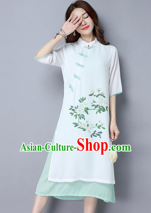 Traditional Ancient Chinese National Costume, Elegant Hanfu Hand Printing Stand Collar Dress, China Tang Suit Cheongsam Upper Outer Garment White Blue Elegant Dress Clothing for Women