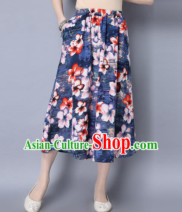 Traditional Ancient Chinese National Pleated Skirt Costume, Elegant Hanfu Printing Big Swing Long Dress, China Tang Suit Cotton Navy Bust Skirt for Women