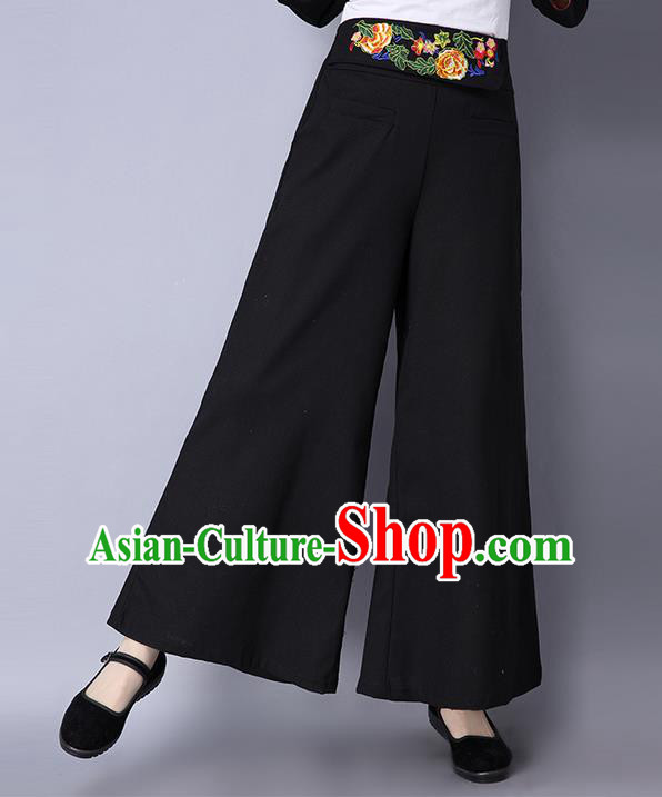 Traditional Ancient Chinese National Costume Loose Pants, Elegant Hanfu Embroidered Belt Pants, China Tang Suit Linen Black Wide Leg Pants for Women