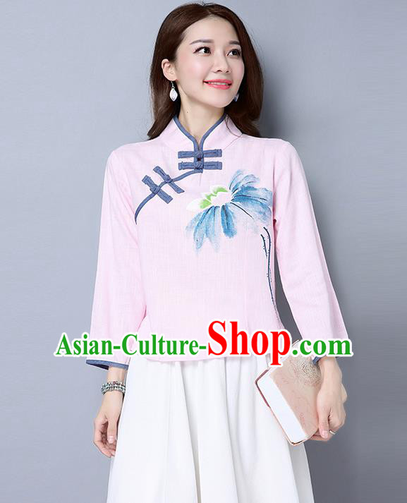 Traditional Ancient Chinese National Costume, Elegant Hanfu Plated Buttons Shirt, China Tang Suit Printing Pink Blouse Cheongsam Upper Outer Garment Qipao Shirts Clothing for Women