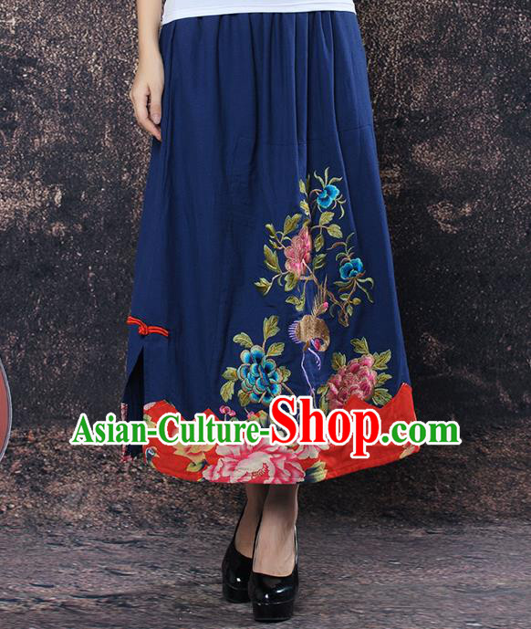 Traditional Ancient Chinese National Pleated Skirt Costume, Elegant Hanfu Embroidered Peony Big Swing Long Dress, China Tang Suit Cotton Navy Bust Skirt for Women