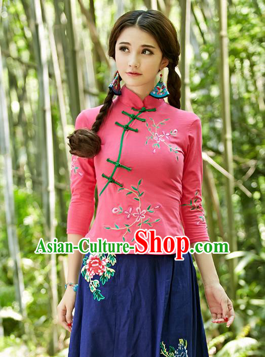 Traditional Ancient Chinese National Costume, Elegant Hanfu Plated Buttons Pink Shirt, China Tang Suit Embroidery Plum Blossom Blouse Cheongsam Blouse Upper Outer Garment Shirt Clothing for Women