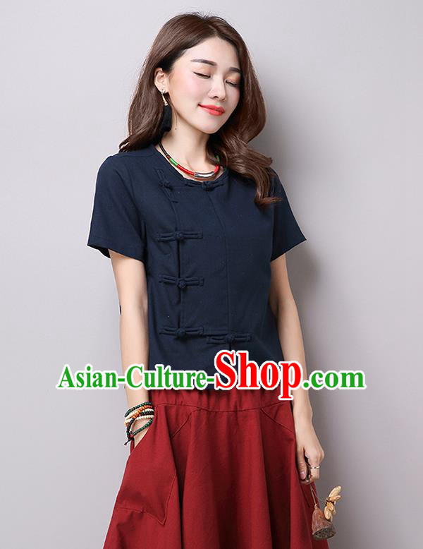 Traditional Ancient Chinese National Costume, Elegant Hanfu Plated Buttons T-Shirt, China Tang Suit Navy Blouse Cheongsam Upper Outer Garment Shirts Clothing for Women