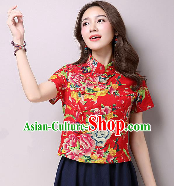 Traditional Ancient Chinese National Costume, Elegant Hanfu Plated Buttons Shirt, China Tang Suit Red Blouse Cheongsam Upper Outer Garment Shirts Clothing for Women