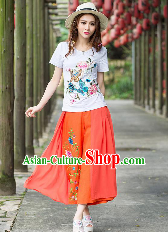 Traditional Ancient Chinese National Costume Loose Pants, Elegant Hanfu Embroidering Flower Jacinth Pants, China Tang Suit Linen Wide Leg Pants for Women