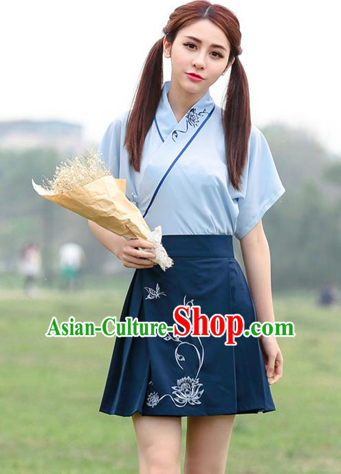 Traditional Ancient Chinese Ancient Costume, Elegant Hanfu Clothing Embroidered Blue Dress, China Tang Dynasty One-Piece Dress for Women