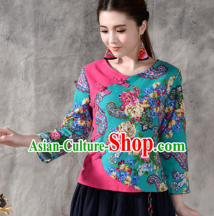 Traditional Ancient Chinese National Costume, Elegant Hanfu Plated Buttons Printing Shirt, China Tang Suit Printing Peony Green Blouse Cheongsam Upper Outer Garment Shirts Clothing for Women