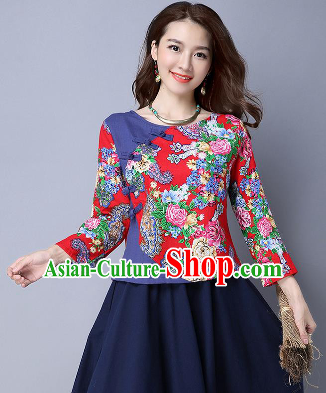Traditional Ancient Chinese National Costume, Elegant Hanfu Plated Buttons Printing Shirt, China Tang Suit Printing Peony Red Blouse Cheongsam Upper Outer Garment Shirts Clothing for Women