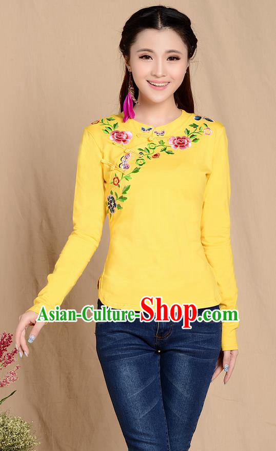 Traditional Ancient Chinese National Costume, Elegant Hanfu Plated Buttons Stand Collar Embroidered Shirt, China Tang Suit Embroidering Flower Yellow Blouse Cheongsam Upper Outer Garment Shirts Clothing for Women