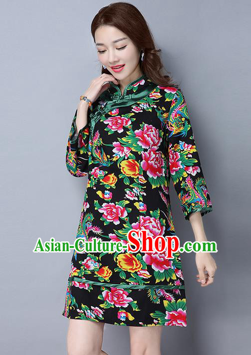 Traditional Ancient Chinese National Costume, Elegant Hanfu Plated Button Green Printing Peony Black Dress, China Tang Suit Cheongsam Dress Upper Outer Garment Dress Clothing for Women