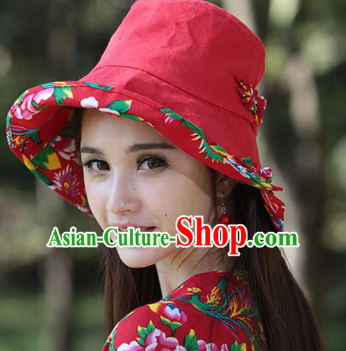 Traditional Chinese National Embroidered Phoenix Crafts Headgear Sunhat, China National Minority Handmade Embroidered Red Hat for Women